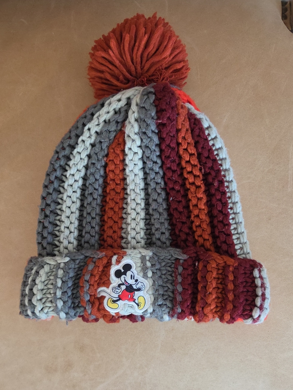 Disney Mickey Mouse Chunky Knit Pom Beanie Hat – Multi-Color Striped